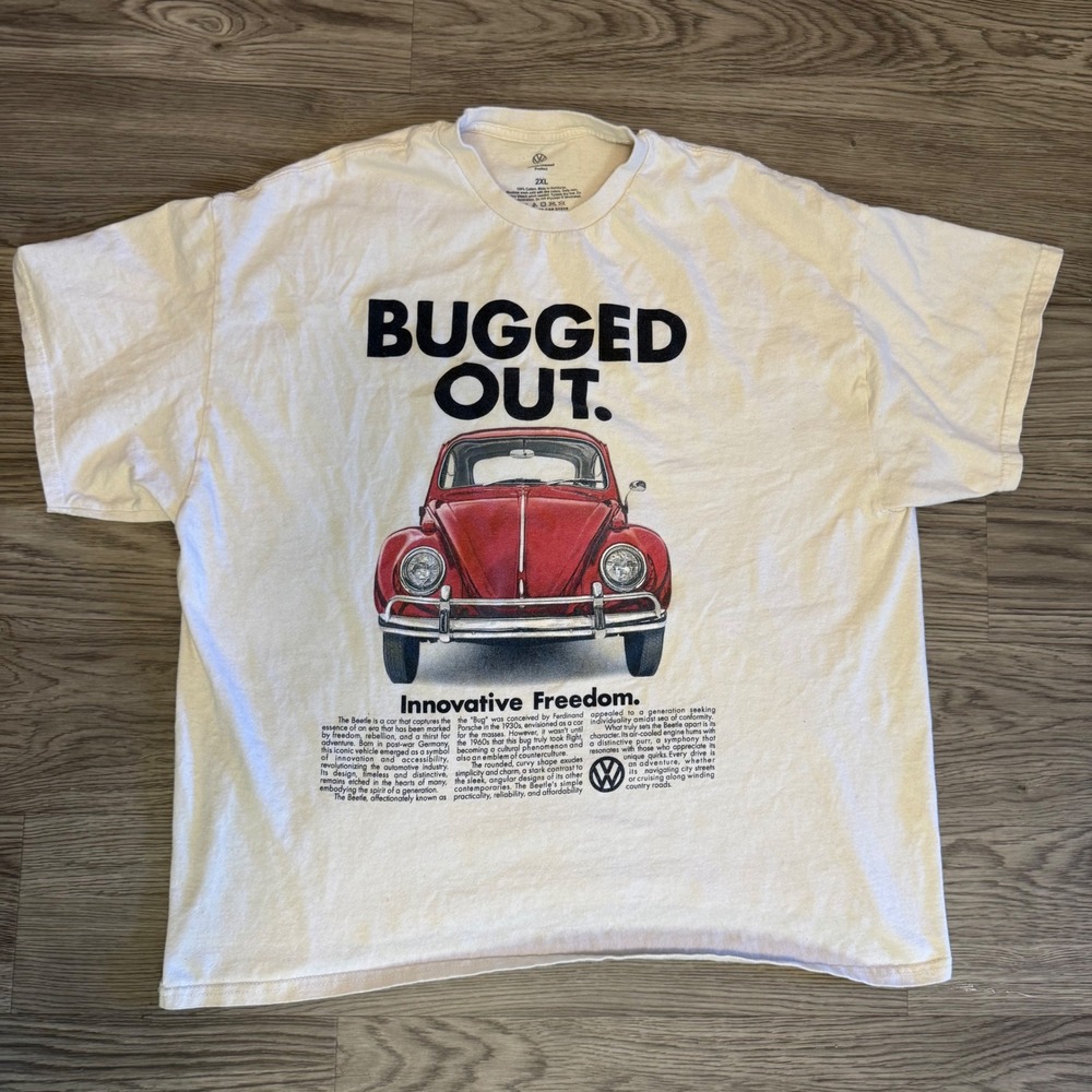 Vintage Y2K Volkswagen VW Beetle Bus Graphic T-Shirt Mens 2XL Cream Cotton Tee